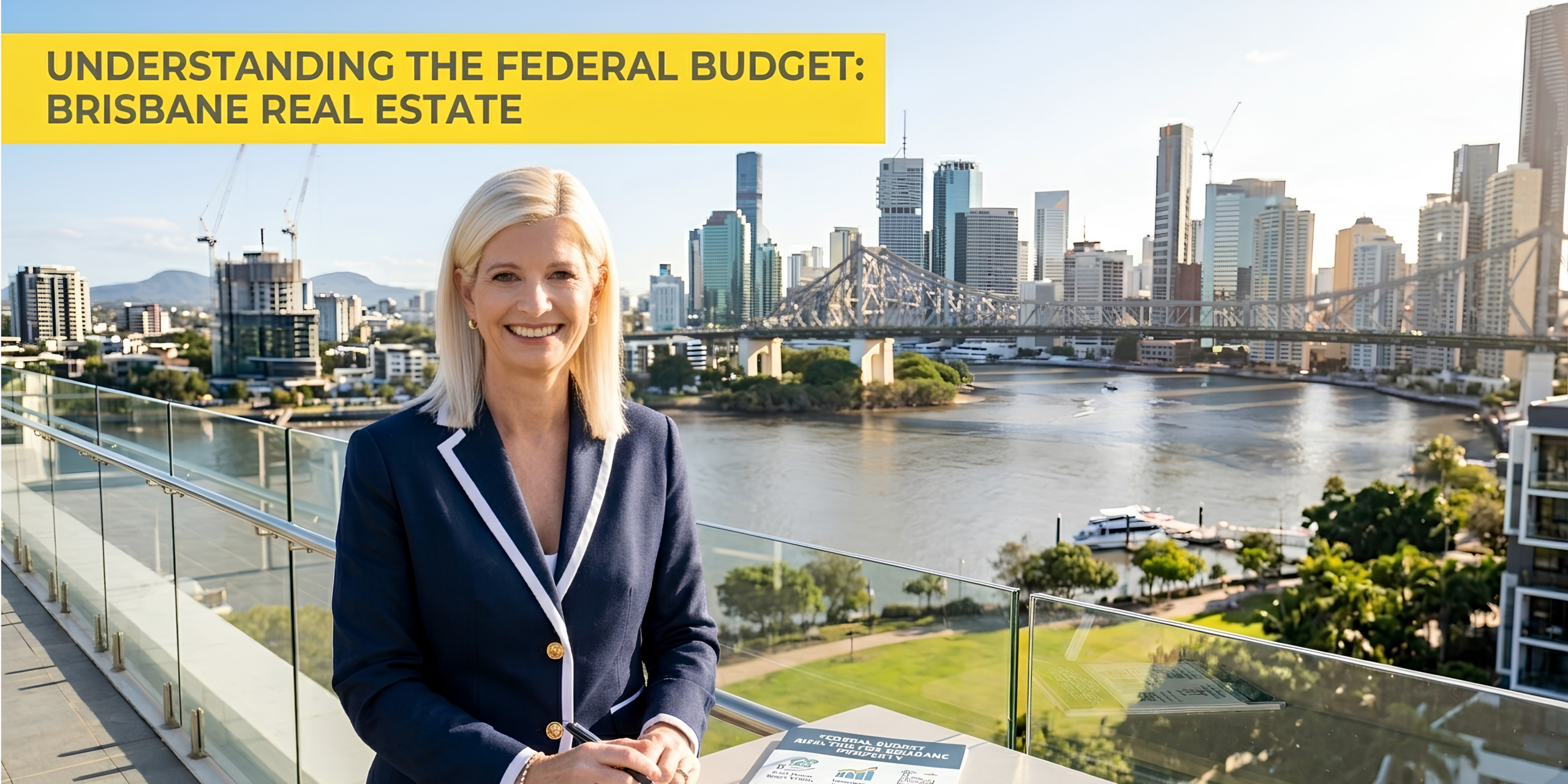 Rochelle Adgo RayWhite Mitchelton standing with Brisbane River in the back ground giving a talk about the impact the 2026 Federal budget will have on house prices