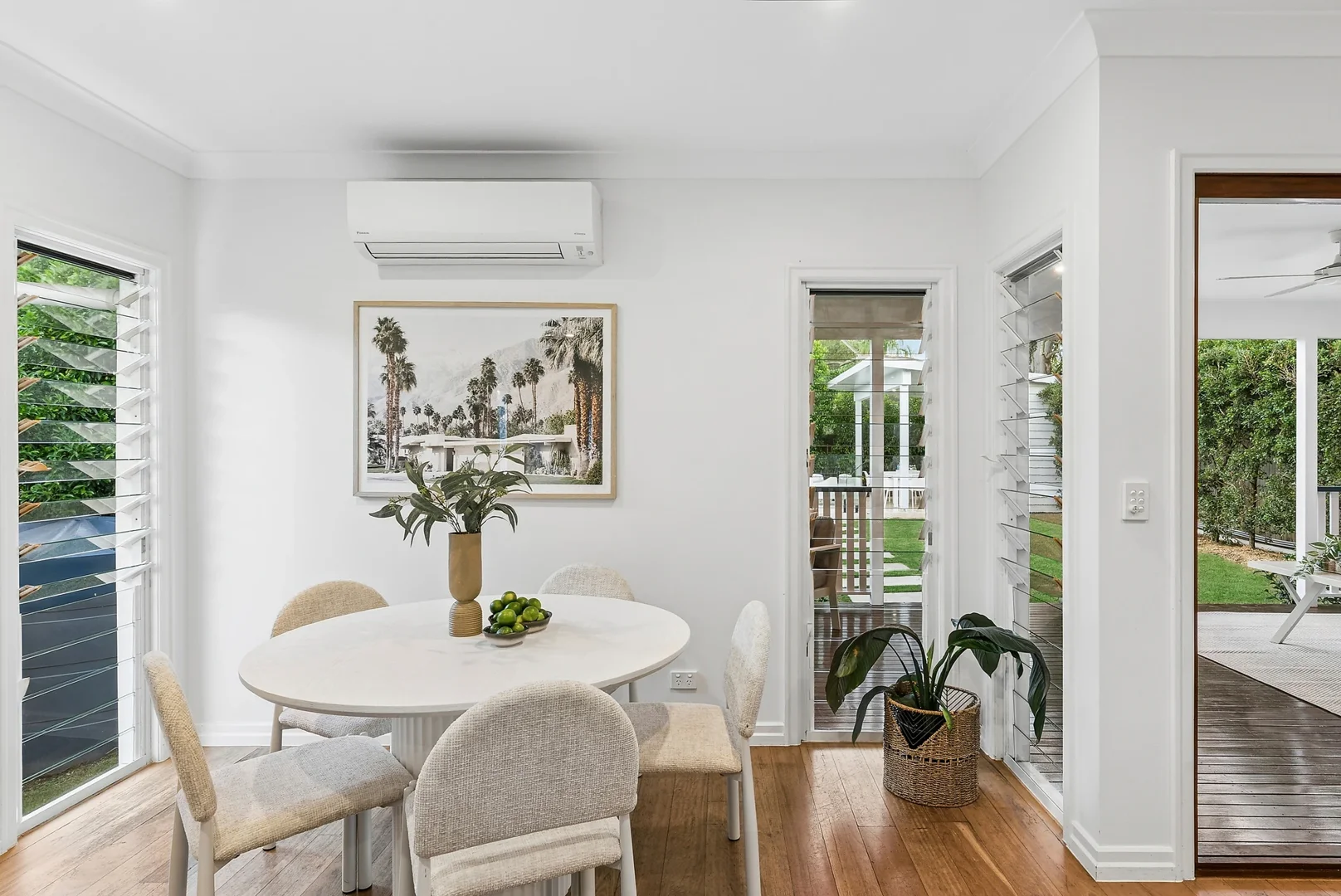 A staged dining room.